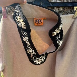 Tory Burch Blush Knit Sweater with Black Beaded Pearl Collar